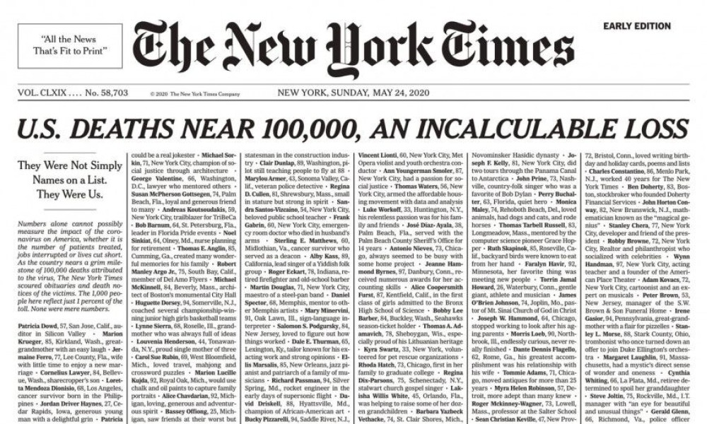 The New York Times: Το συγκλονιστικό πρωτοσέλιδο για τα θύματα του κορωνοϊού